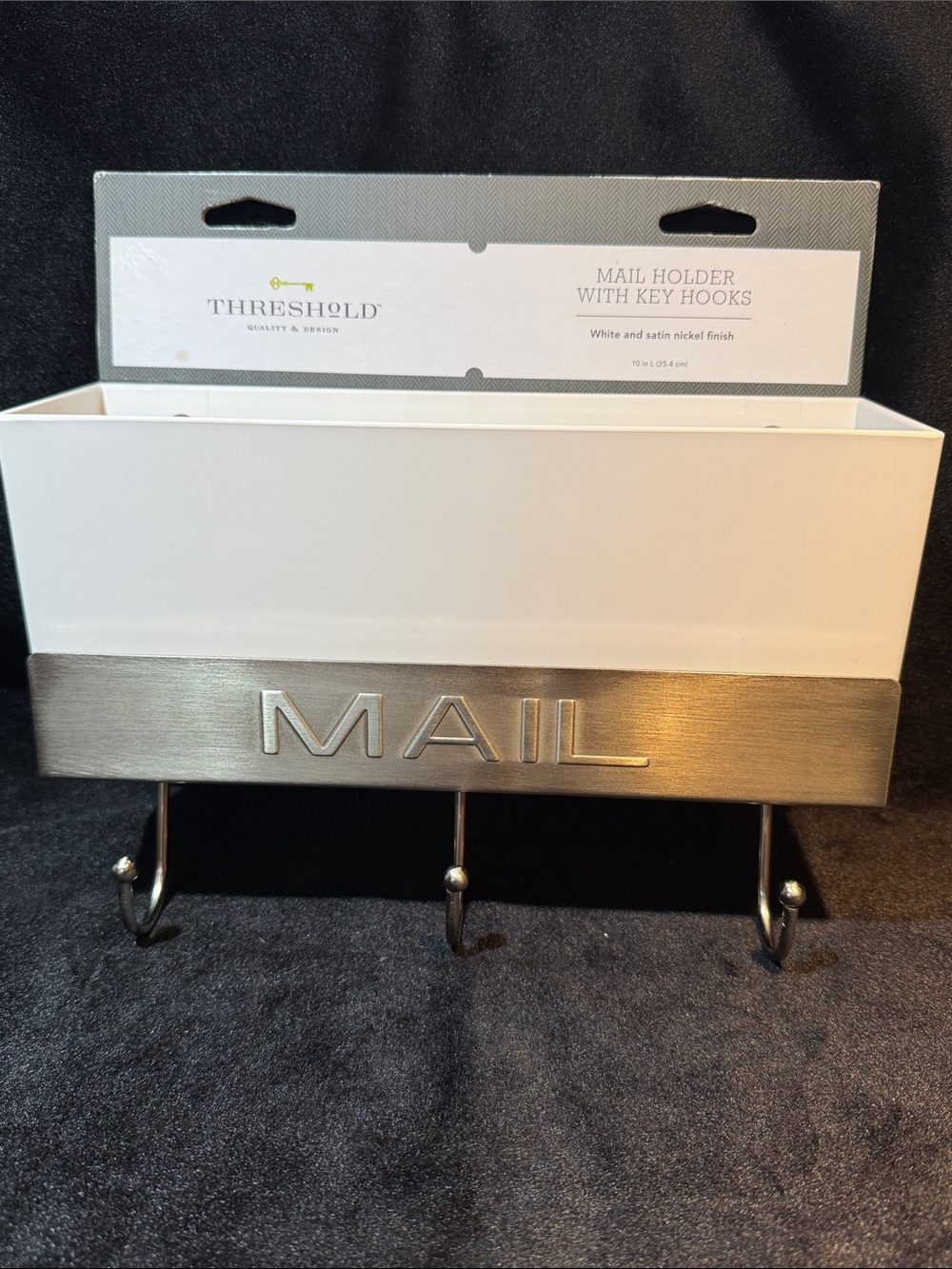 NEW Threshold Mail Holder With 3 Key Hooks- White /Nickel Finish ~Farmhouse Chic